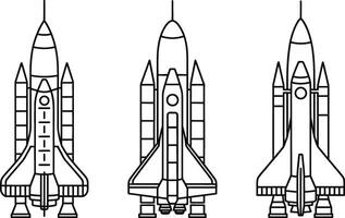 Black and white outlined space shuttle illustrations depicting aerospace engineering and exploration vector