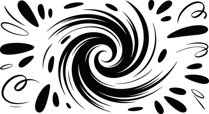 Abstract black and white swirl design with dynamic elements and comic style accents