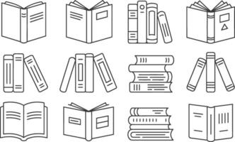 Simple outline illustrations of books in various arrangements for education and reading concepts vector