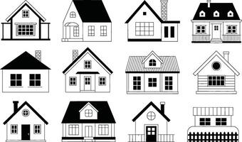 Set of black and white house illustrations representing residential architecture and home designs vector