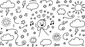 Cheerful stick figure singing with hearts music notes and whimsical doodle elements in a simple drawing vector