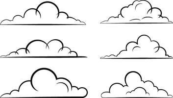 Set of six simple hand drawn outlined clouds for weather and climate related designs vector