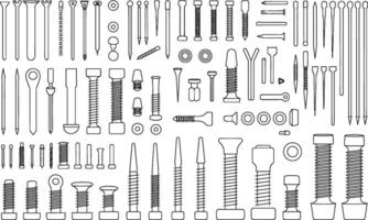 Collection of outlined fasteners including screws bolts washers pins rivets and various hardware vector