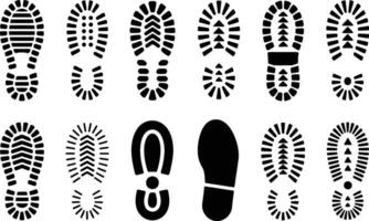 Diverse collection of shoe print outlines in black and white ideal for design and footwear concepts vector
