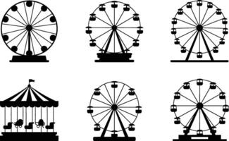 Silhouette illustrations of ferris wheels and carousel for carnival amusement park design vector