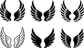 Collection of six black and white wing designs in different styles and formats vector