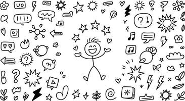 Hand drawn illustration of a happy stick figure surrounded by doodle elements representing various symbols vector
