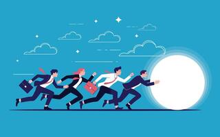 Business team cooperatively rolling a large circle upward representing goals and progress vector