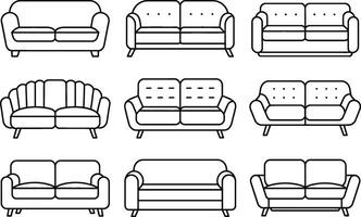 illustrations of various sofa designs outlined in black and white for interior design projects vector