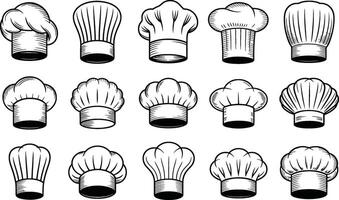 Collection of illustrated chef hats in various styles isolated on white background for culinary themes vector