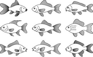 Simple black and white outlined illustrations of various goldfish swimming and facing different directions vector