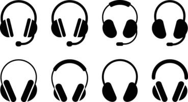 Collection of headphones and headsets in black and white minimalist style for communication and support vector