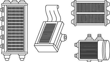 illustration of several outlined heating system components in a technical drawing style. vector