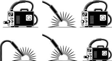 Black and white minimalist illustration of a welding machine and welding arc details vector