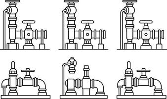 Collection of industrial pipeline and valve system elements illustrated in clean line art style vector