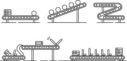 Conveyor belt system with various arrangements and configurations in a minimalistic black and white style. vector