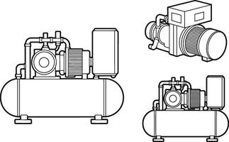 Illustrated line art of an air compressor with multiple perspective views for design and engineering vector