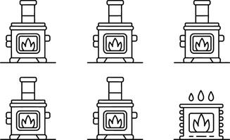 Line art illustrations of various wood stoves with a cozy glowing flame inside for warmth. vector