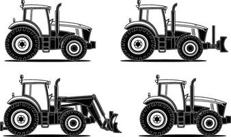 Black and white line art collection of four different types of tractors for agricultural use vector
