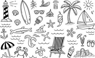 Hand drawn beach and summer icons collection of ocean and leisure related elements vector