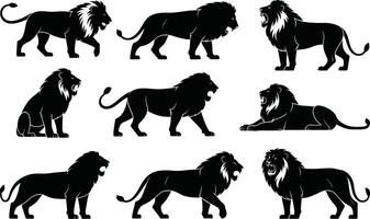 Silhouettes of lions in various poses perfect for animal designs and wildlife projects vector