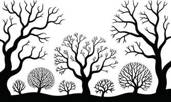 Silhouette illustration of various bare trees and bushes silhouetted against a white background vector