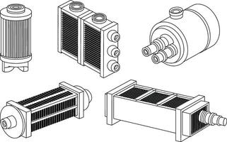 Isometric view illustrations of various industrial heat exchanger and filtration components vector