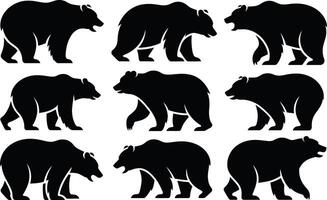 Black silhouette illustrations of various grizzly bear poses for design or background use vector