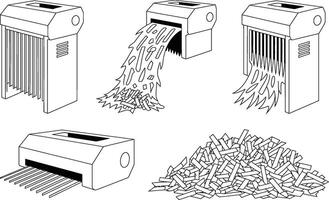illustration showing different stages and views of a paper shredder machine with output and fragments. vector