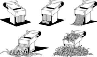 Stages of paper shredding process depicted in a series of illustrated monochrome black and white graphics vector