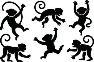 Collection of playful black silhouette monkey illustrations in different action poses vector
