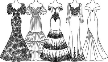 Elegant collection of five different black and white formal gown designs outlines vector