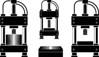 Illustrated image of a mechanical press machine in different stages and views vector