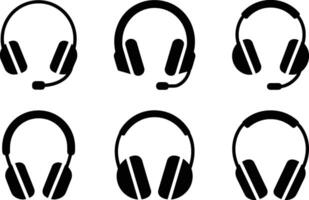 Collection of stylish black headphone icons representing communication support and customer service in various designs vector