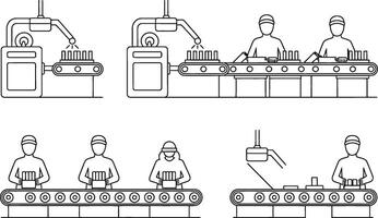 Industrial assembly line process depicting workers and machinery producing goods in outline format vector