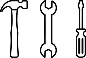Simple outline illustrations of hammer wrench and screwdriver representing tools for construction vector