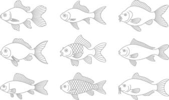 Outline illustrations of various fish species in simple line art style for design purposes vector