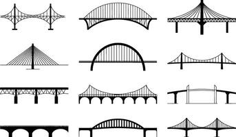 Collection of diverse bridge silhouettes illustrating various architectural designs and engineering structures vector