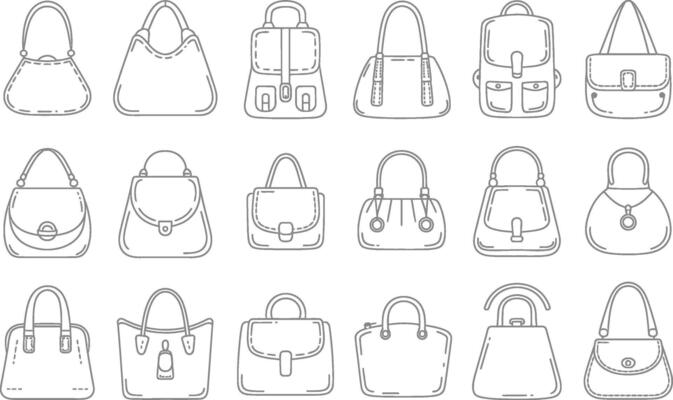 Set of illustrations featuring different styles of women's handbags and purses in outline