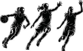 Dynamic black and white illustration of a woman dribbling and playing basketball with action vector
