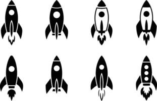 Set of black rocket ship icons representing space travel innovation and launching concepts vector