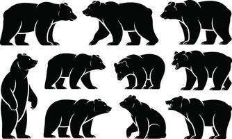 Black bear silhouettes in various poses and expressions representing wildlife and nature concepts vector