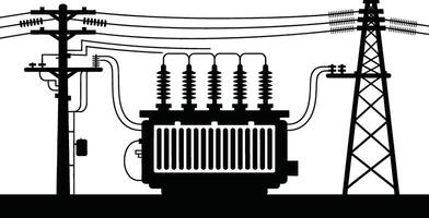 Silhouette illustration of electrical power infrastructure with power lines and transformers vector