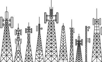 Line art illustration of multiple communication towers representing wireless technology vector