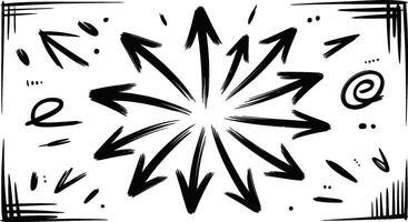Hand drawn black arrows and design elements on a white background for various design projects. vector