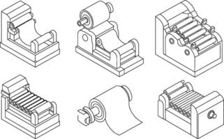 Isometric view of paper roll and printing press machine elements in clean outline style vector