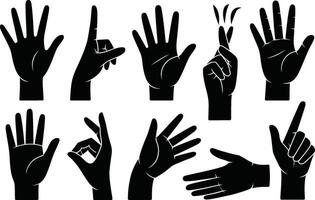 Silhouettes of hand gestures in various positions for concepts of communication and counting vector
