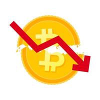 Bitcoin crash icon , with down chart investment. Cryptocurrency trading illustration, luxury gold coin color vector
