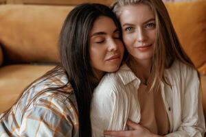 On the floor., On the shoulder of woman. Two happy young female best friends are indoors photo