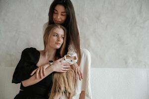 Hugs, on the, white ,sofa. Two happy young female best friends are indoors photo